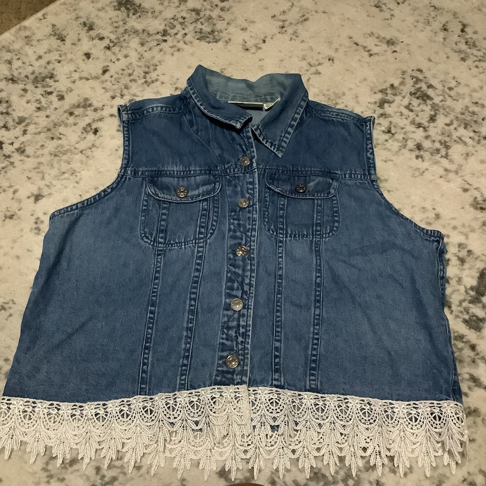 Vintage Rosettes Denim Vest Lace Fringe Detail Womens XL
